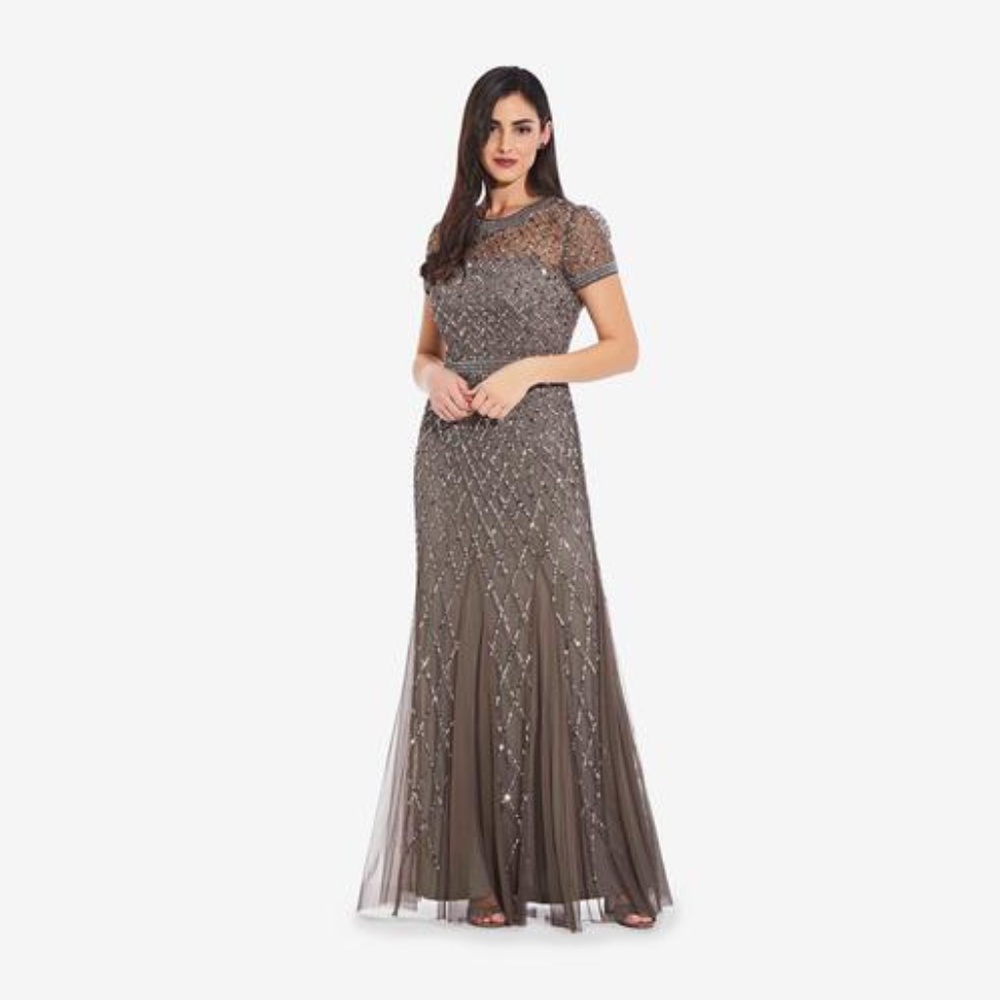 Cap Sleeve Beaded Gown in Bridal Silver